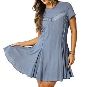 NWT Free People Cruz Mini Dress Dusty Blue Boho Flowy Lace Pockets 4